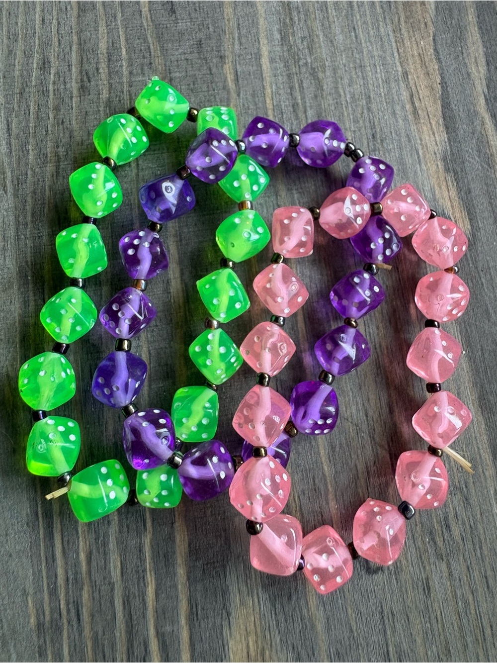 Colorful Dice Bead Stretch Bracelets - Green, Purple & Pink